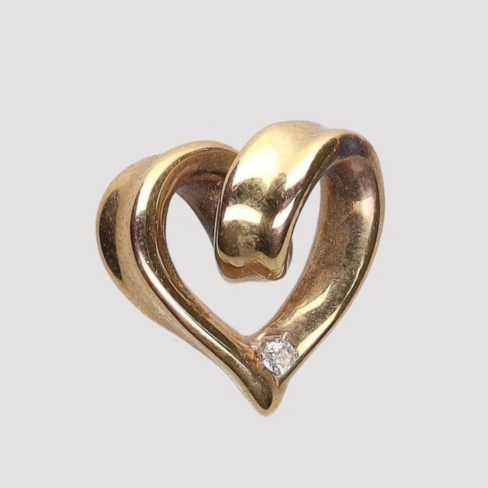 12K Solid Yellow Gold Estate Open Heart Pendant w/ White Spinel Accent